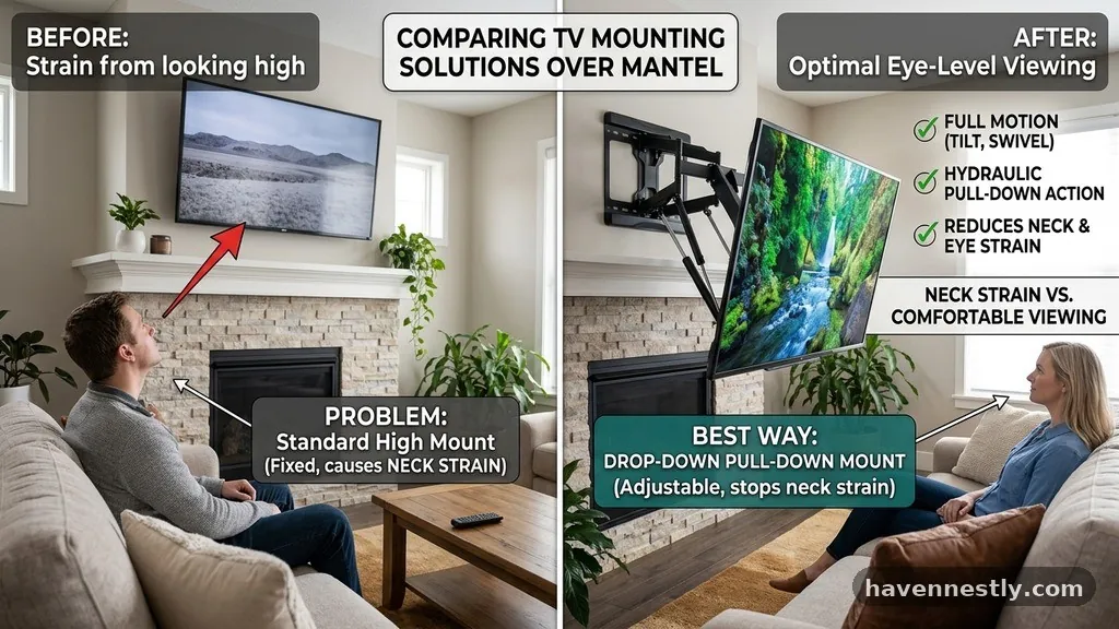 Comparison of Mounting Solutions - Drop-Down (Pull-Down) TV Mounts: Best Way to Stop Neck Strain Over Mantels