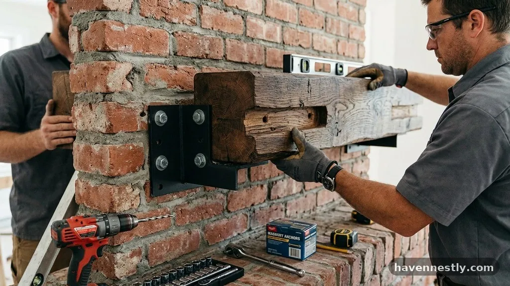 Installing the Bracket System - How to Anchor a Heavy 50-Pound Solid Wood Beam Mantel into Brick Mortar